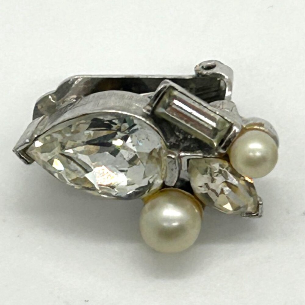 Marvella Vintage 1950s Pearl & Rhinestone Silver-Tone Clip-On Bridal Elegant - Picture 6 of 7